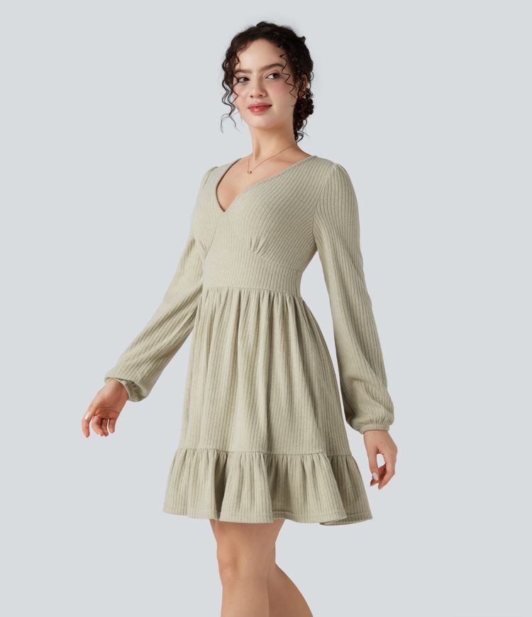 Ribbed Knit V Neck Long Sleeve Ruffle Hem Mini Dress