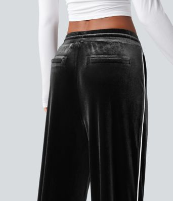 Mid Rise Drawstring Straight Leg Velvet Casual Trousers with Pockets