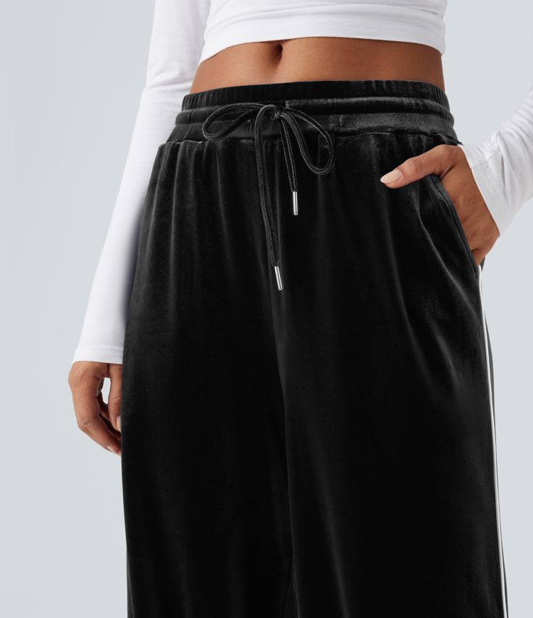 Mid Rise Drawstring Straight Leg Velvet Casual Trousers with Pockets