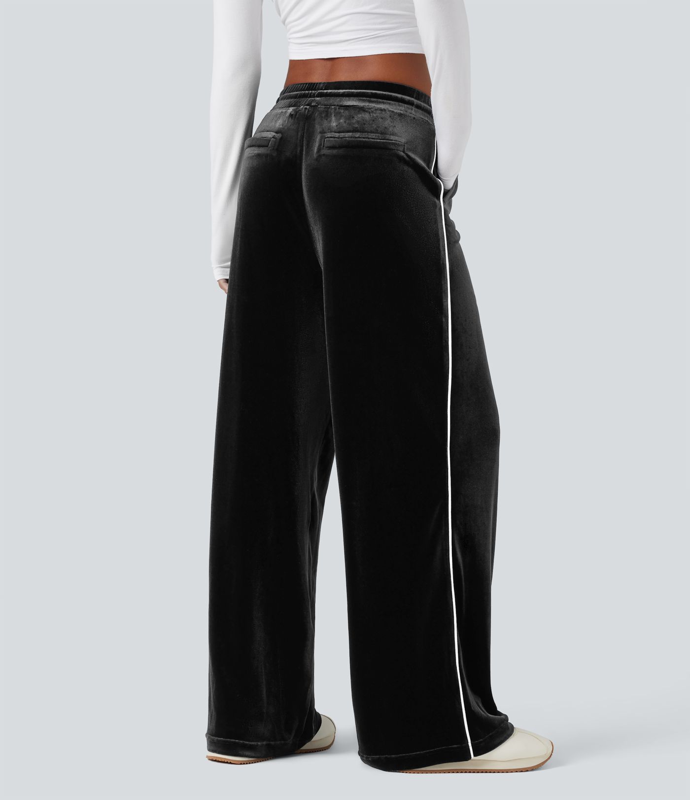 Mid Rise Drawstring Straight Leg Velvet Casual Trousers with Pockets