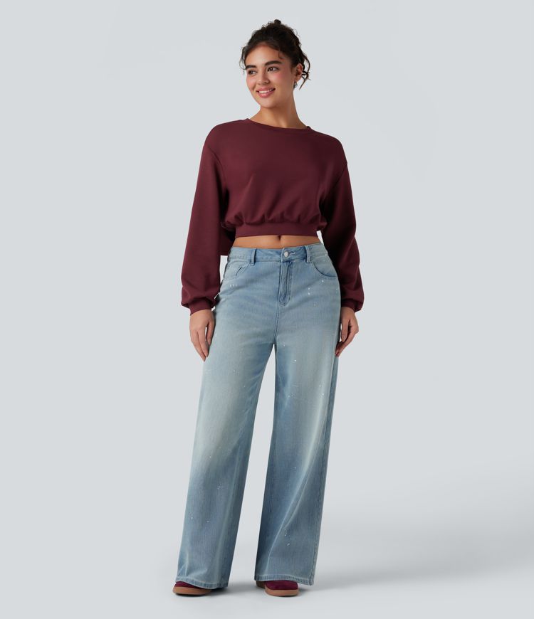 SpacerTek™ Velvet Round Neck Long Sleeve Back Bow Cropped Casual Sweatshirt