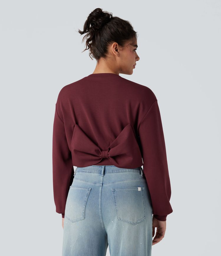 SpacerTek™ Velvet Round Neck Long Sleeve Back Bow Cropped Casual Sweatshirt