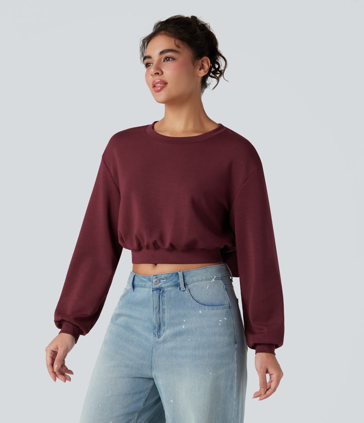 SpacerTek™ Velvet Round Neck Long Sleeve Back Bow Cropped Casual Sweatshirt