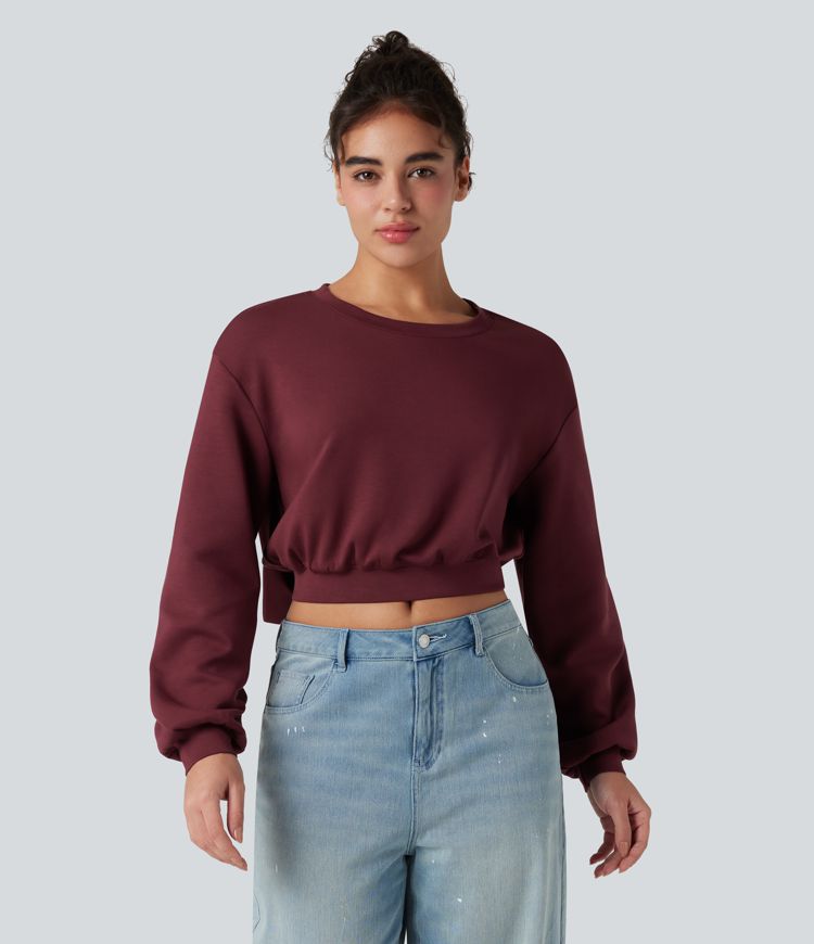 SpacerTek™ Velvet Round Neck Long Sleeve Back Bow Cropped Casual Sweatshirt