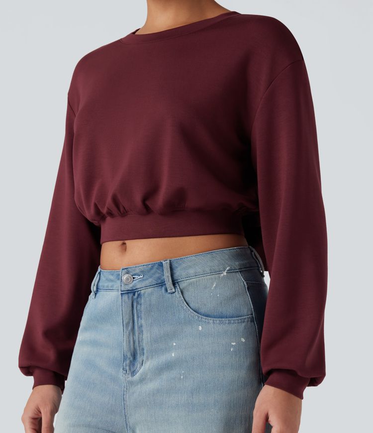 SpacerTek™ Velvet Round Neck Long Sleeve Back Bow Cropped Casual Sweatshirt