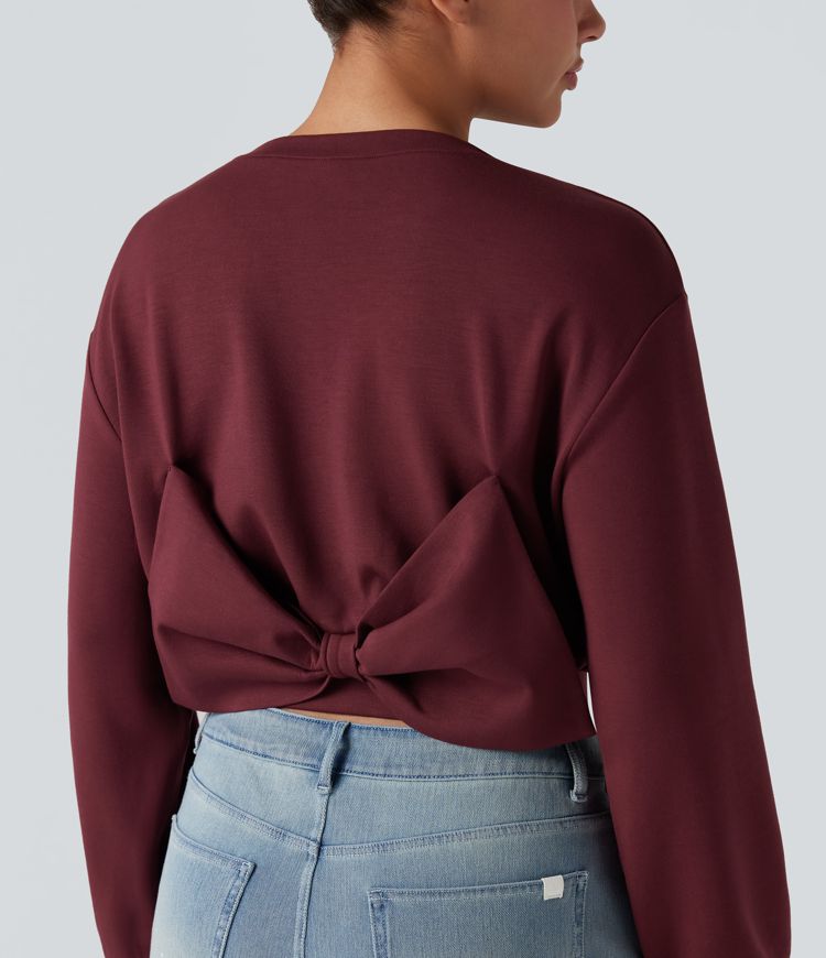Round Neck Long Sleeve Back Bow Cropped Casual Sweatshirt