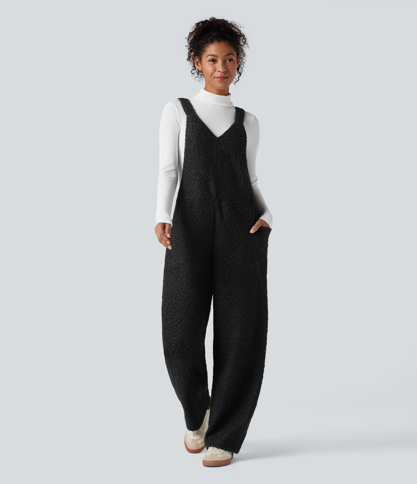 V Neck Casual Teddy Overalls with Pockets