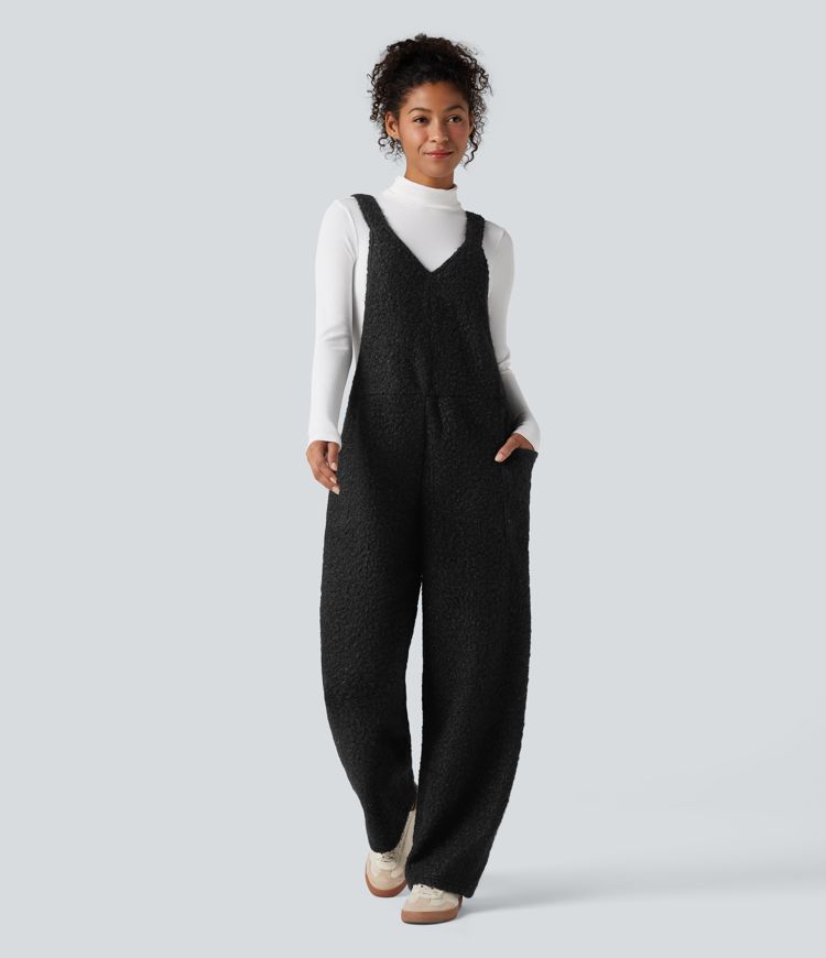 V Neck Casual Teddy Overalls with Pockets