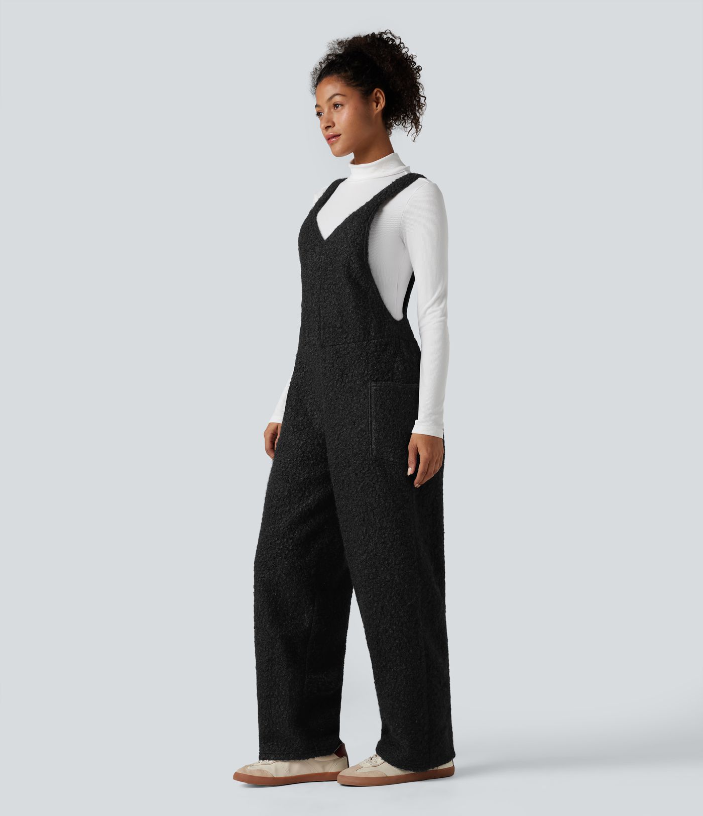 V Neck Casual Teddy Overalls with Pockets