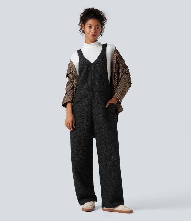 V Neck Casual Teddy Overalls with Pockets