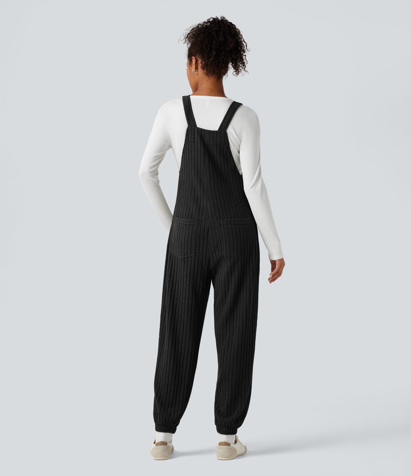 Ribbed Knit Adjustable Straps Casual Joggers Overalls with Pockets