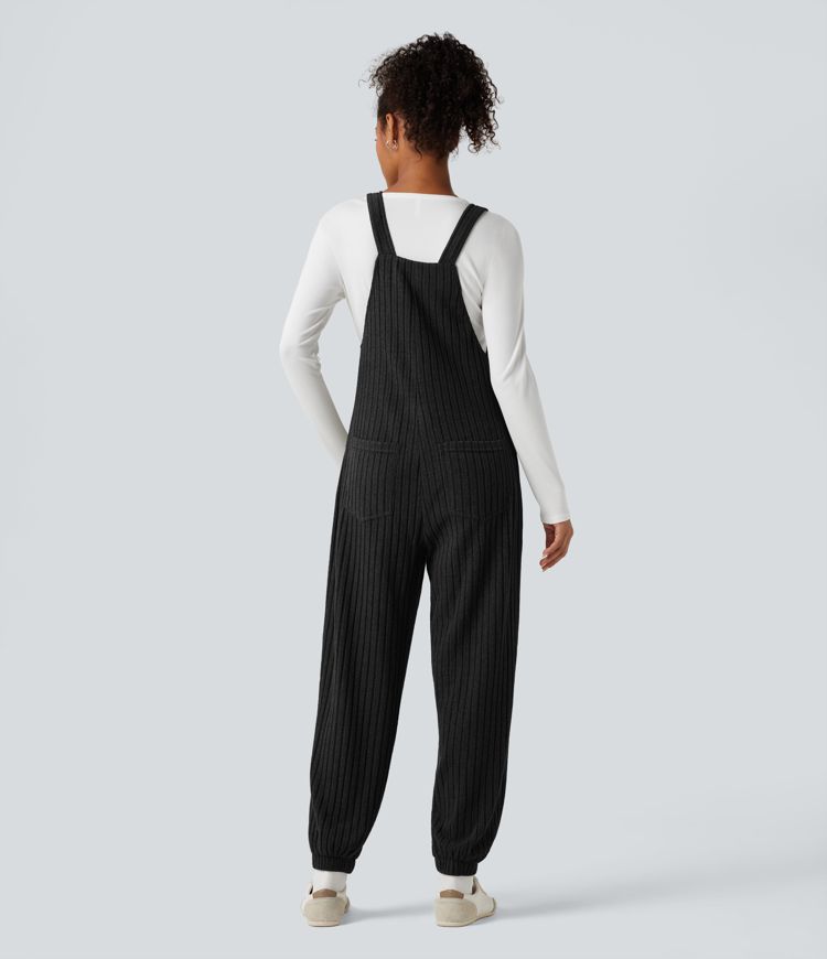 Ribbed Knit Adjustable Straps Casual Joggers Overalls with Pockets