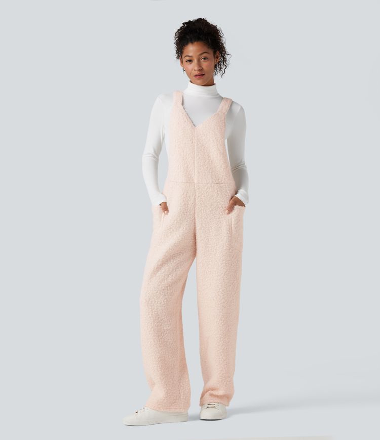 V Neck Casual Teddy Overalls with Pockets