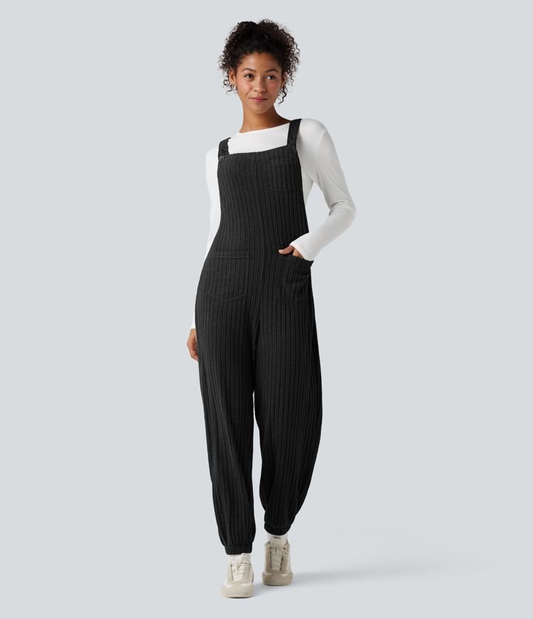 Ribbed Knit Adjustable Straps Casual Joggers Overalls with Pockets