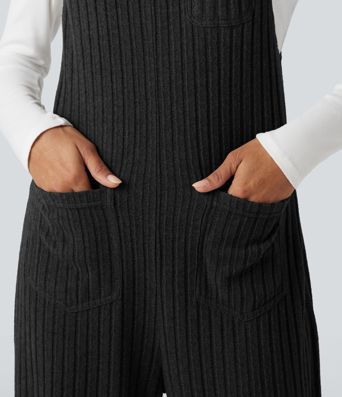 Ribbed Knit Adjustable Straps Casual Joggers Overalls with Pockets