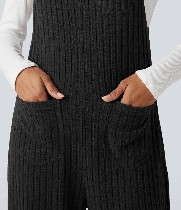 Ribbed Knit Adjustable Straps Casual Joggers Overalls with Pockets