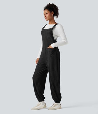 Ribbed Knit Adjustable Straps Casual Joggers Overalls with Pockets