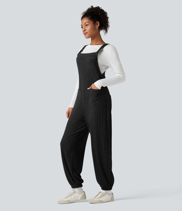 Ribbed Knit Adjustable Straps Casual Joggers Overalls with Pockets