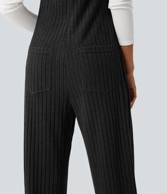 Ribbed Knit Adjustable Straps Casual Joggers Overalls with Pockets