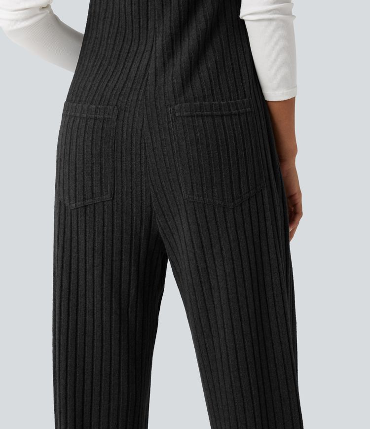 Ribbed Knit Adjustable Straps Casual Joggers Overalls with Pockets