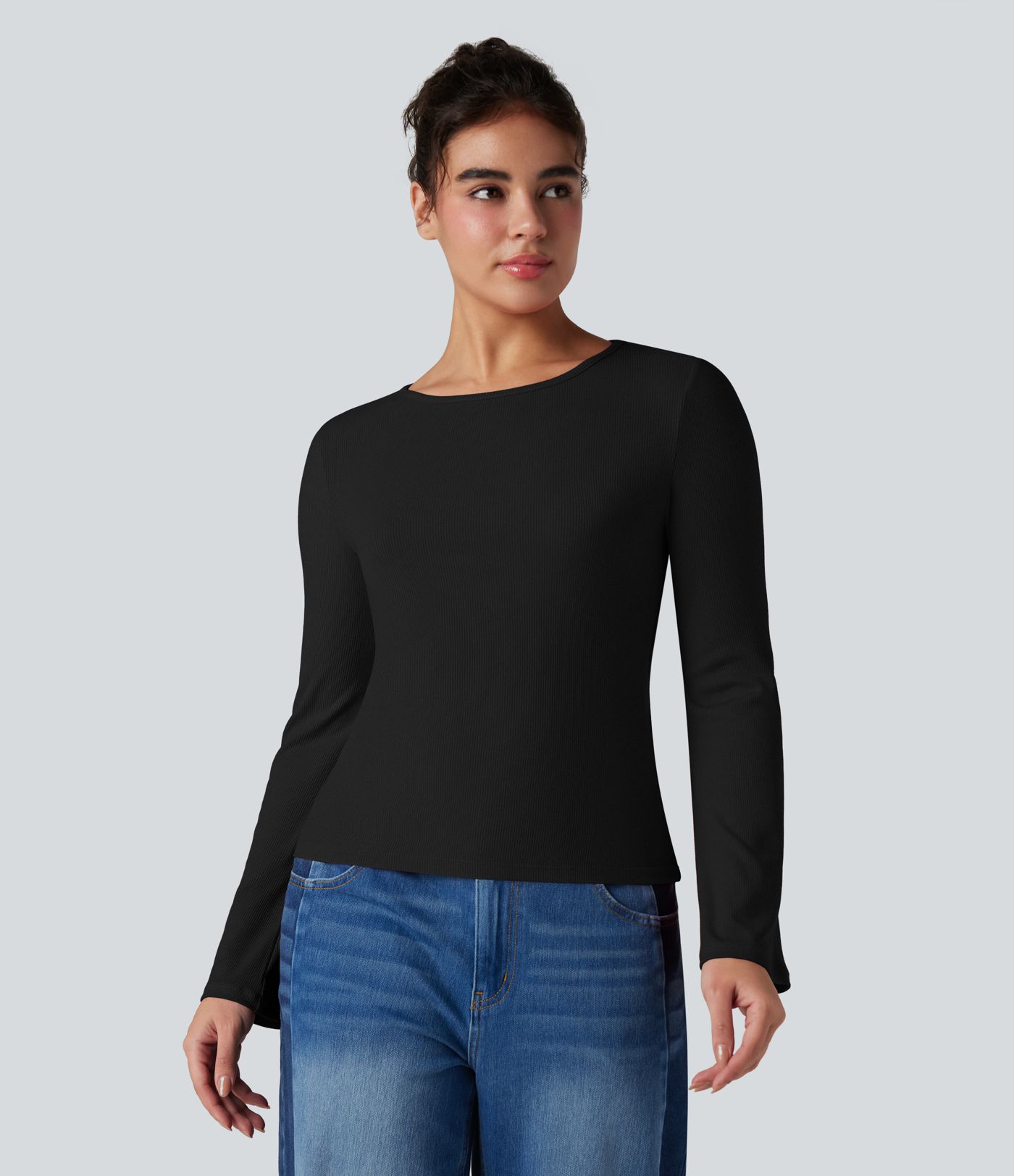 Ribbed Knit Round Neck Flounce Long Sleeve Casual Top