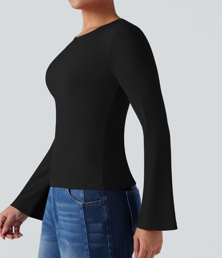 Ribbed Knit Round Neck Flounce Long Sleeve Casual Top