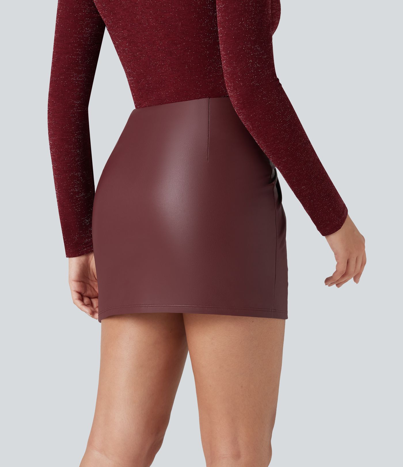 Twisted High Waisted Split 2-in-1 Bodycon Mini Fleece PU Leather Party Skirt