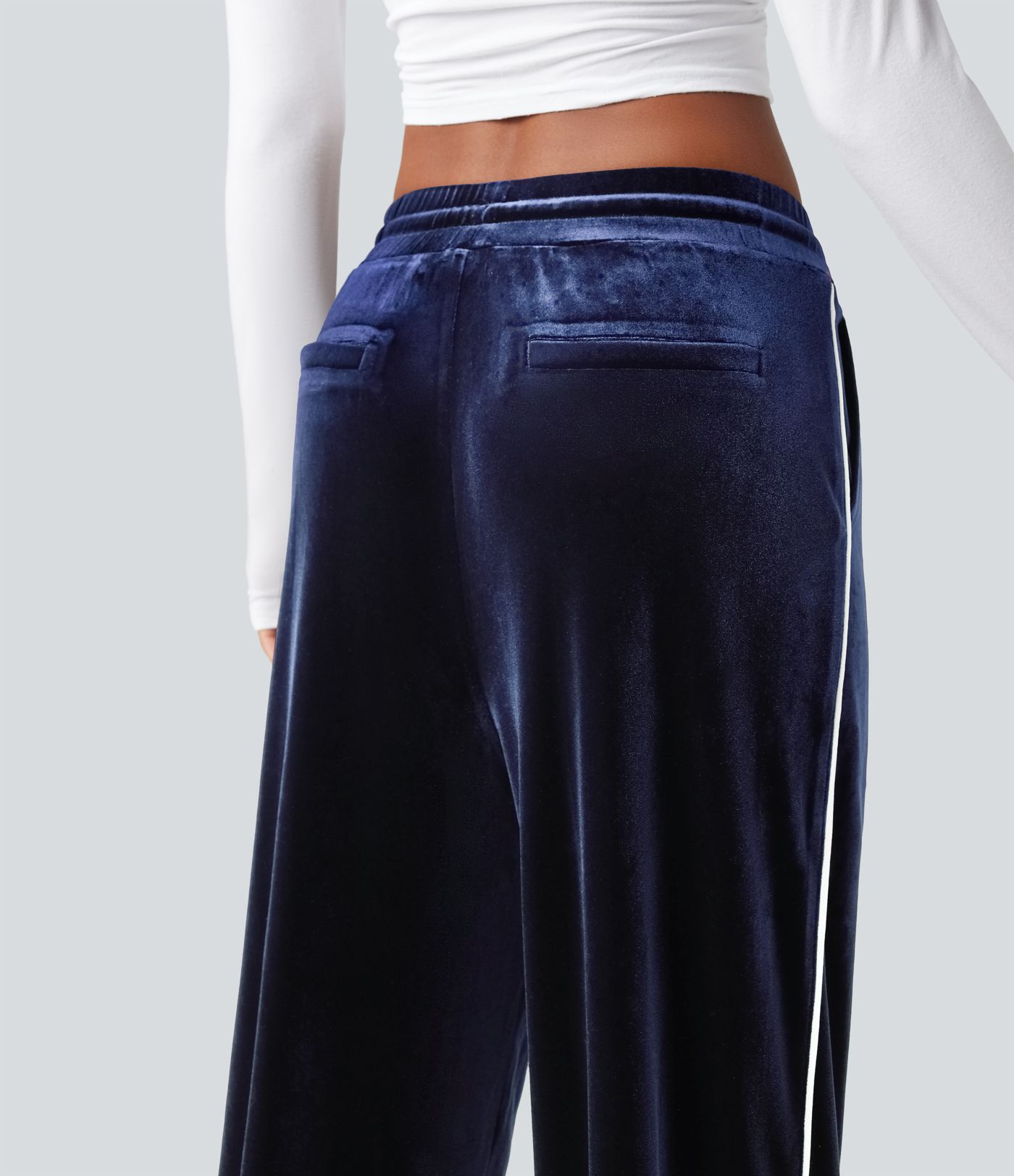 Mid Rise Drawstring Straight Leg Velvet Casual Trousers with Pockets