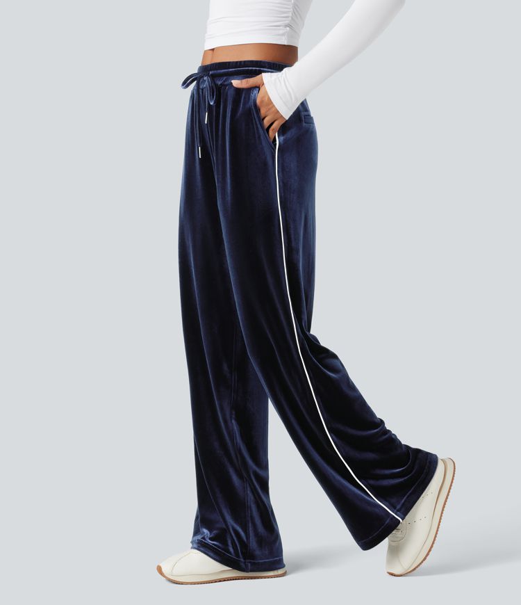 Mid Rise Drawstring Straight Leg Velvet Casual Trousers with Pockets