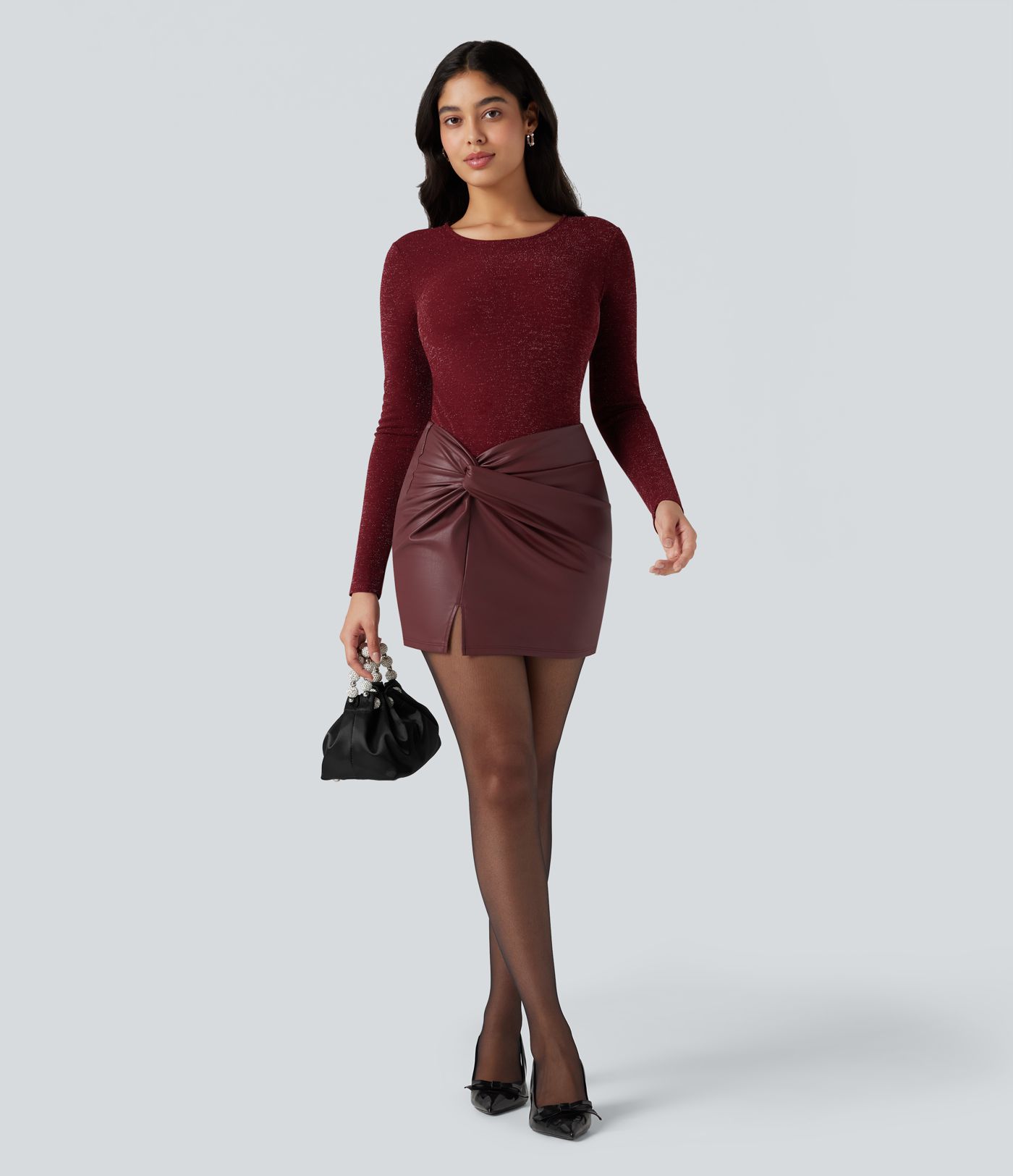 Twisted High Waisted Split 2-in-1 Bodycon Mini Fleece PU Leather Party Skirt
