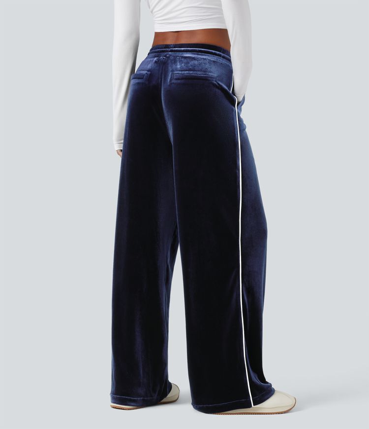 Mid Rise Drawstring Straight Leg Velvet Casual Trousers with Pockets