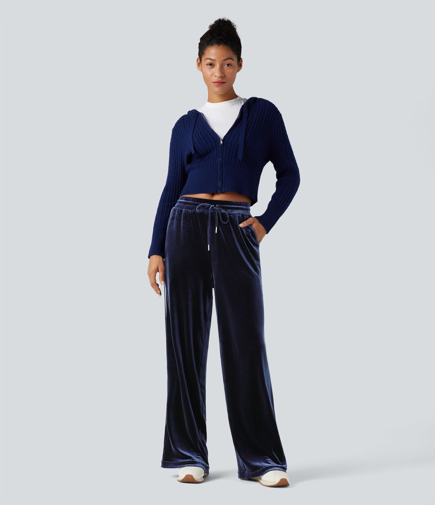 Mid Rise Drawstring Straight Leg Velvet Casual Trousers with Pockets