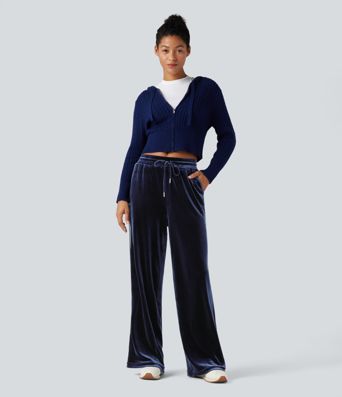 Mid Rise Drawstring Straight Leg Velvet Casual Trousers with Pockets