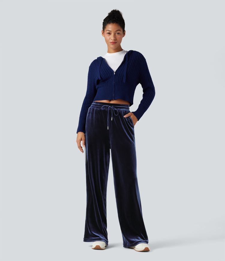 Mid Rise Drawstring Straight Leg Velvet Casual Trousers with Pockets