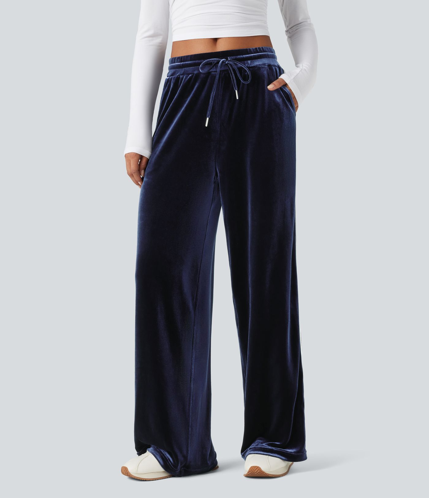 Mid Rise Drawstring Straight Leg Velvet Casual Trousers with Pockets