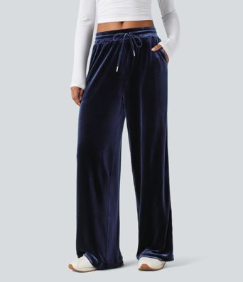 Mid Rise Drawstring Straight Leg Velvet Casual Trousers with Pockets