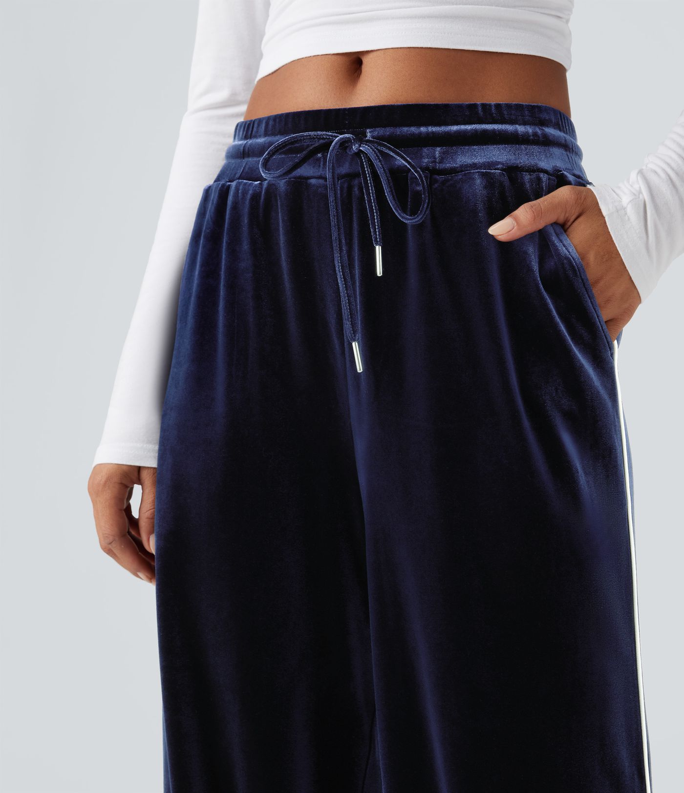 Mid Rise Drawstring Straight Leg Velvet Casual Trousers with Pockets