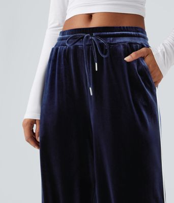 Mid Rise Drawstring Straight Leg Velvet Casual Trousers with Pockets