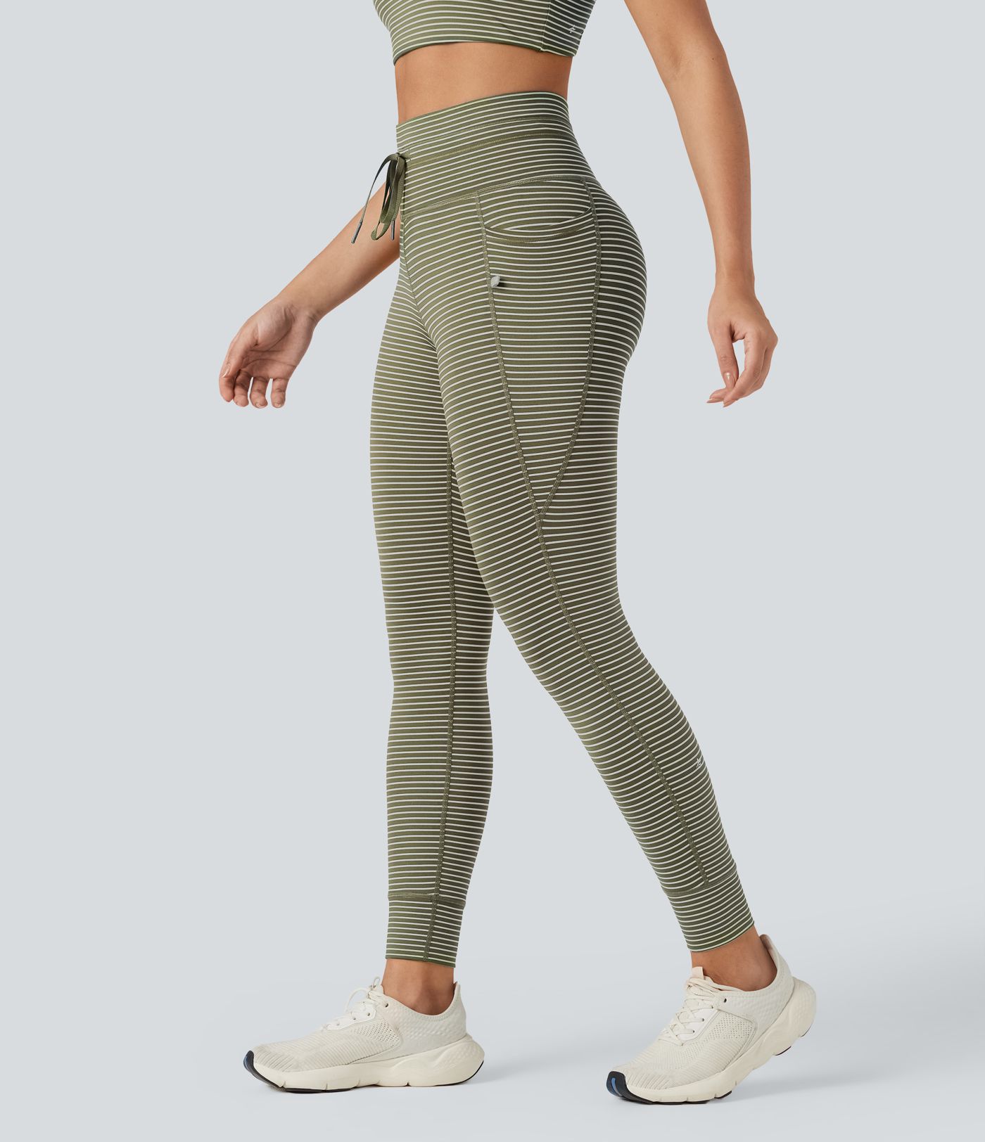 High Waisted Drawstring Striped Yoga Leggings with Pockets