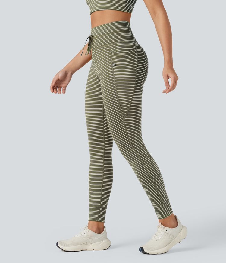 High Waisted Drawstring Striped Yoga Leggings with Pockets