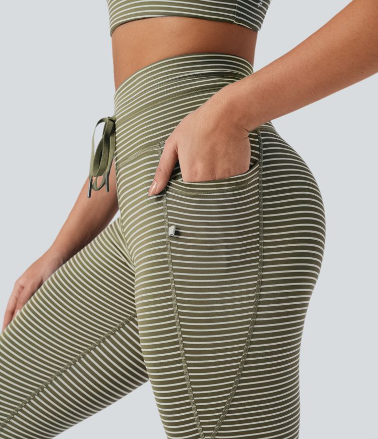 High Waisted Drawstring Striped Yoga Leggings with Pockets