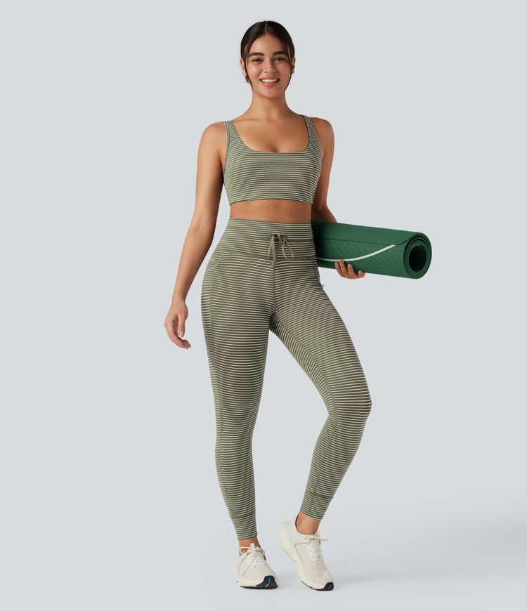 High Waisted Drawstring Striped Yoga Leggings with Pockets