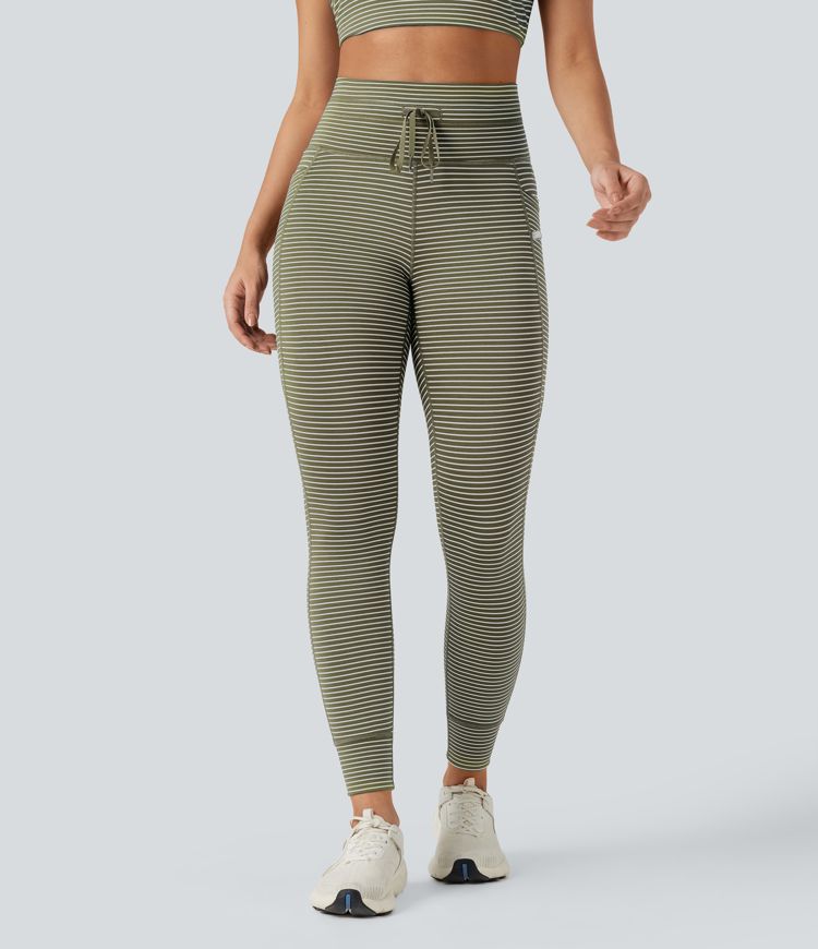High Waisted Drawstring Striped Yoga Leggings with Pockets