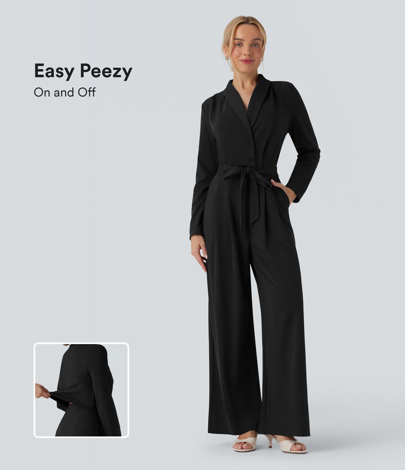 V-neck Long Sleeve Belted Jumpsuit with Pockets-Easy Peezy