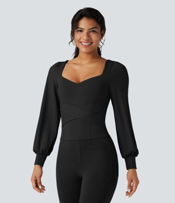 Push-Up Molded Cups Sweetheart Neck Puff Sleeve Crossover Work Top A/B Cup