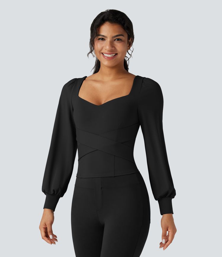 Push-Up Molded Cups Sweetheart Neck Puff Sleeve Crossover Work Top A/B Cup