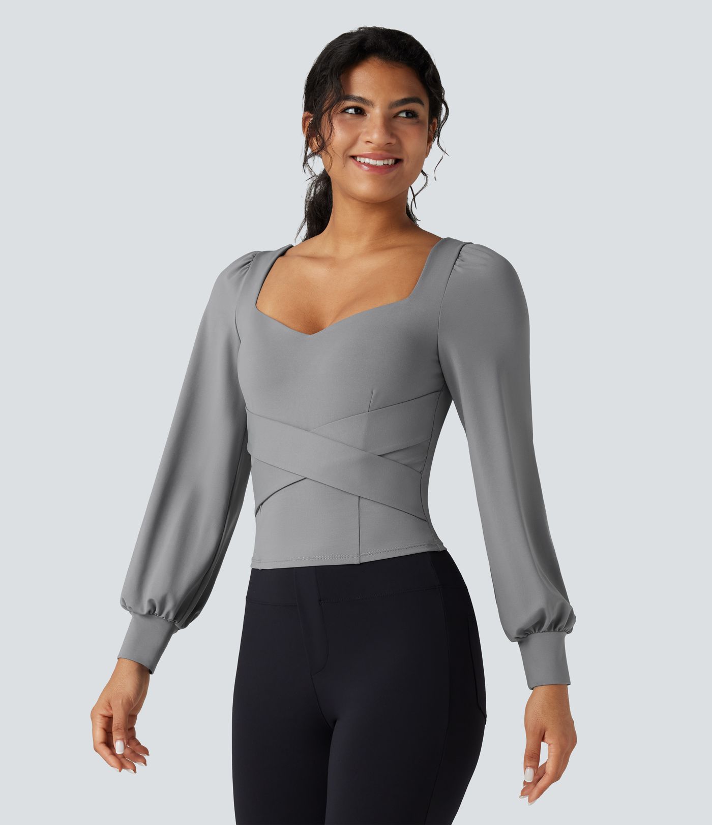 Push-Up Molded Cups Sweetheart Neck Puff Sleeve Crossover Work Top