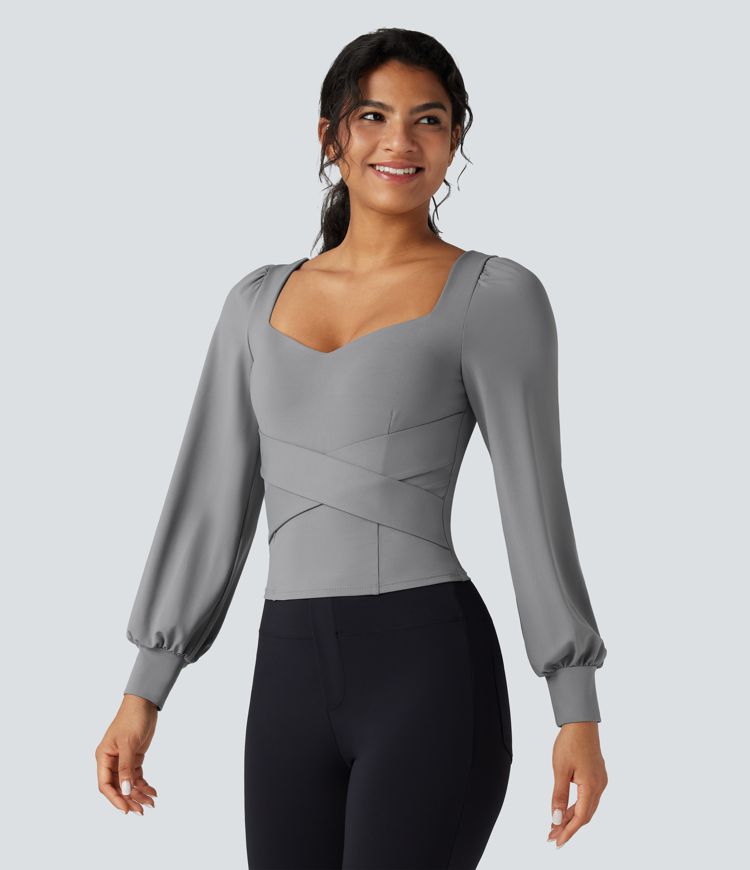 Push-Up Molded Cups Sweetheart Neck Puff Sleeve Crossover Work Top