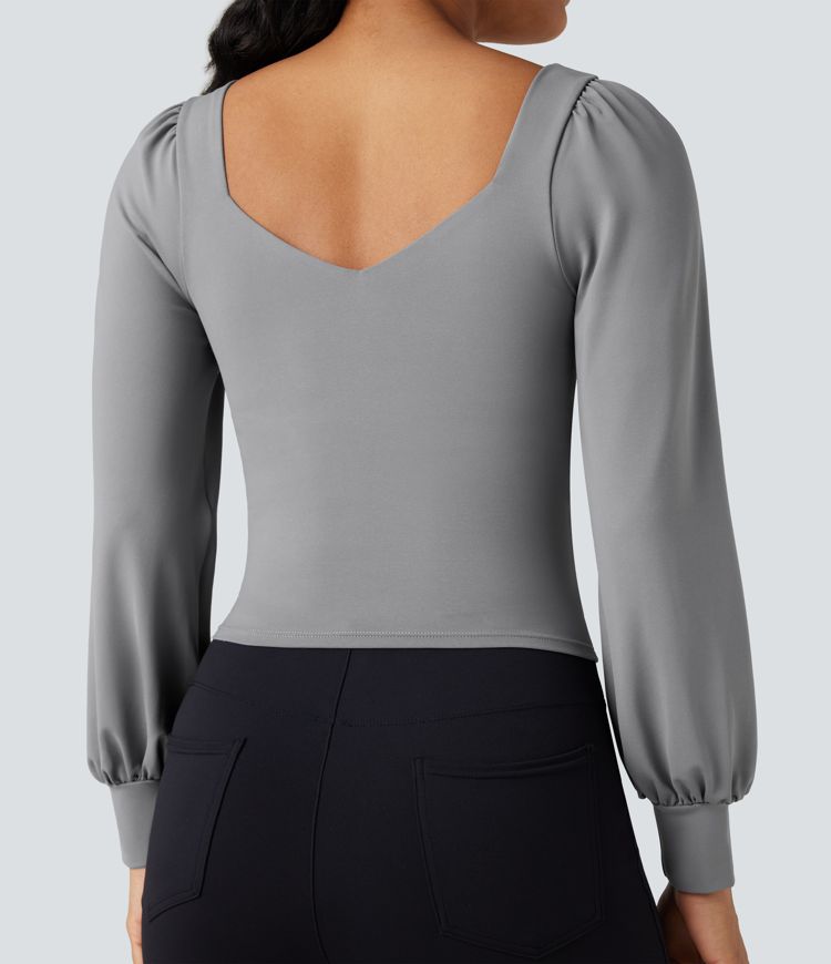 Push-Up Molded Cups Sweetheart Neck Puff Sleeve Crossover Work Top