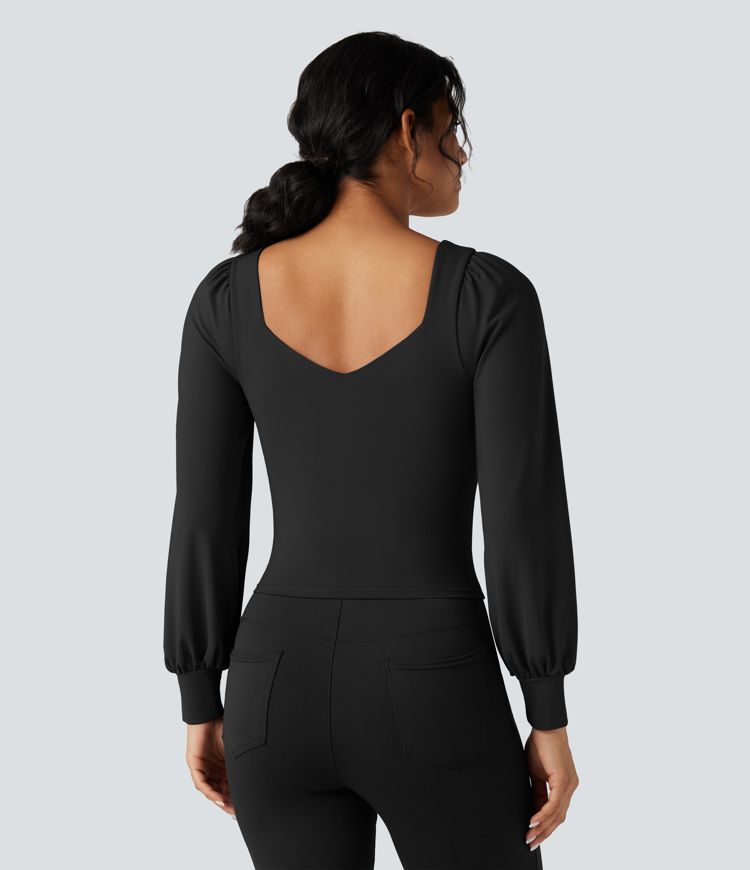 Push-Up Molded Cups Sweetheart Neck Puff Sleeve Crossover Work Top A/B Cup